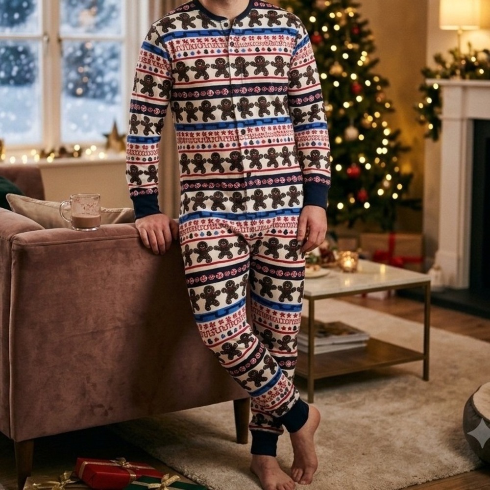 Lazy One Mens Gingerbread Sweet Cheeks Union Suit Pajamas Christmas Large Cotton